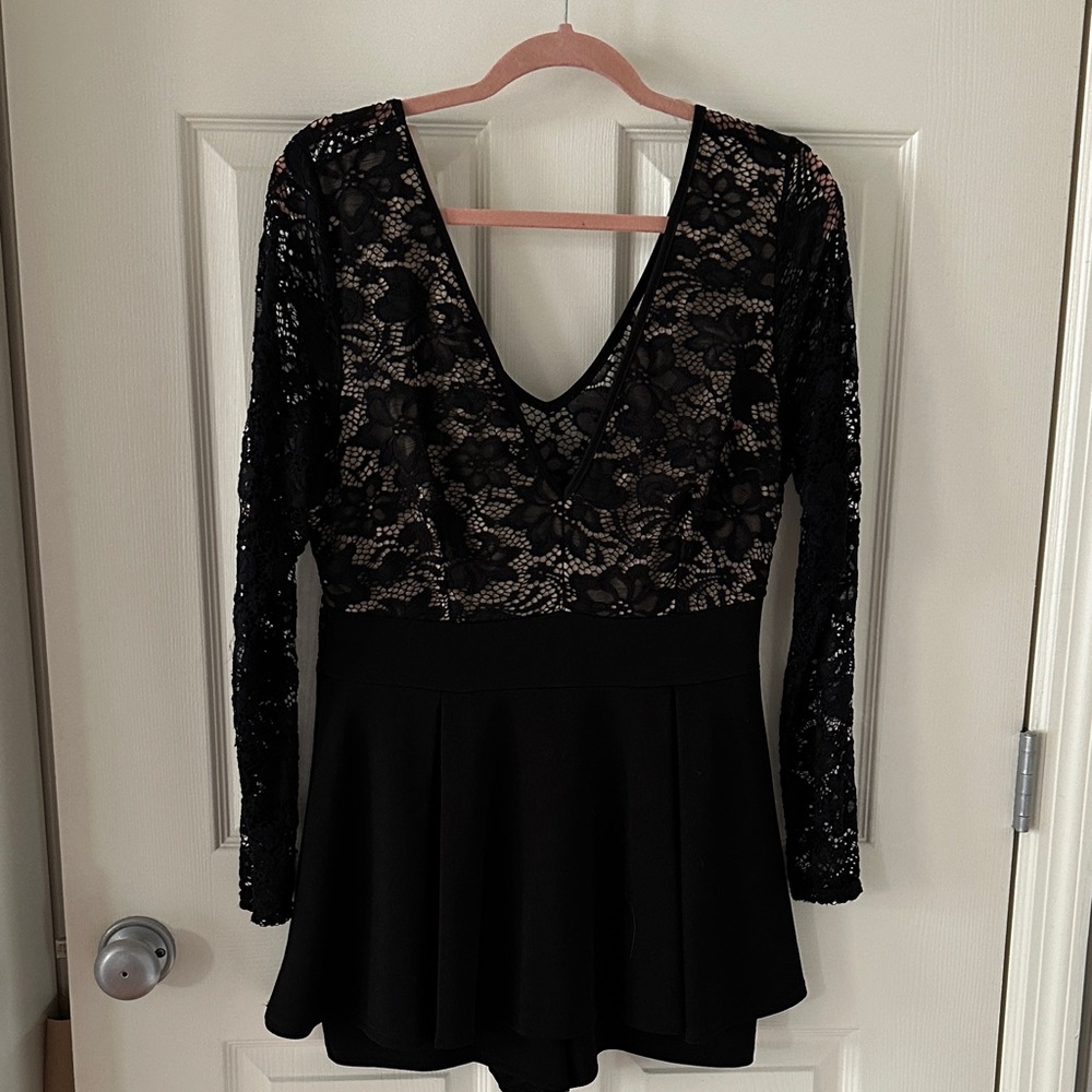 Lace V neck Long Sleeve Black Romper Dress